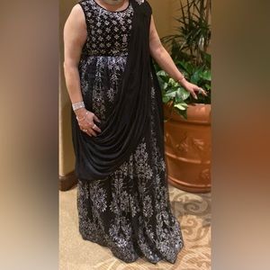 Top & long skirt. Black Velvet blouse & organza skirt, Silver Hand embroidered.